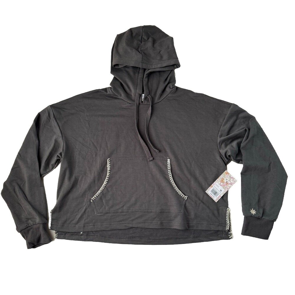 Kenzie Women Crop Hoodie Embroidered Long Sleeves Step Hem Dark Gray Medium NWT